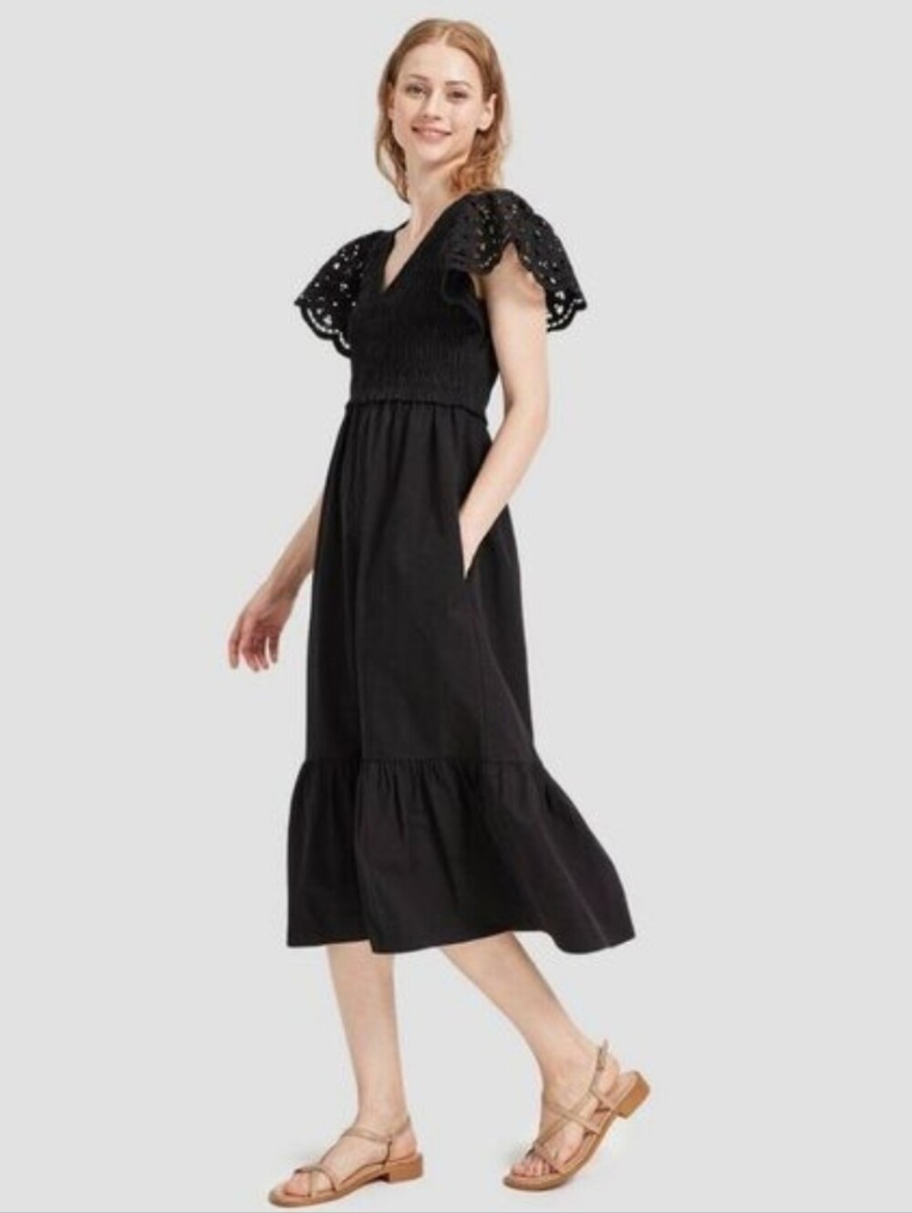Universal Thread Black V-Neck Smocked Eyelet Short Sleeves Midi Dress Pockets S